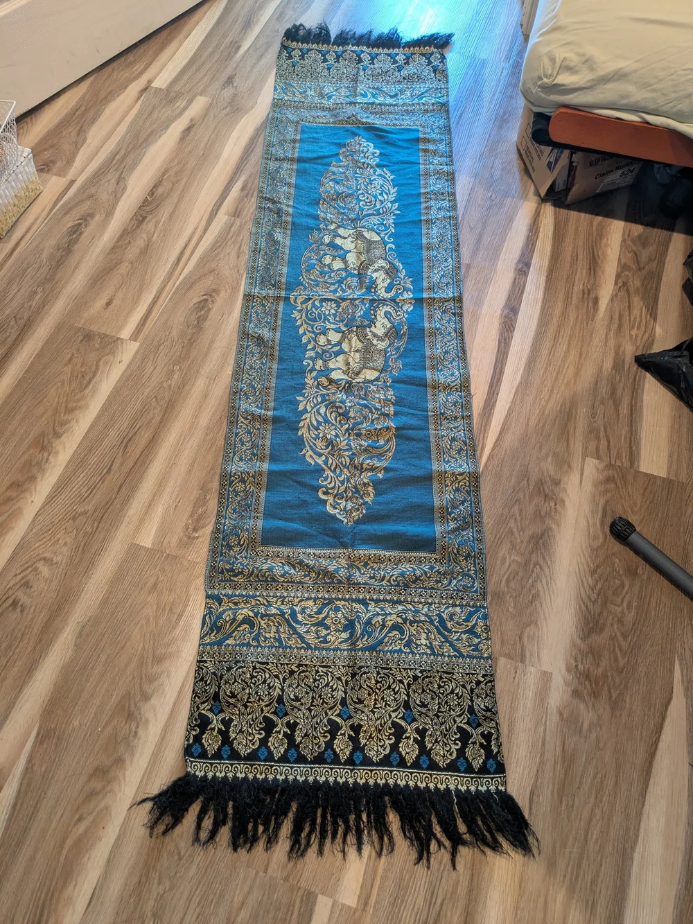 Blue and Gold Ornate Wall Tapestry Runner Thai Silk Elephant Shawl